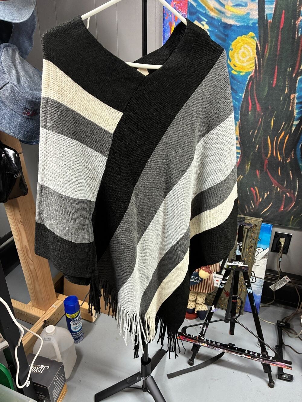 Riah Fashion Black Gray White Striped Knit Poncho Wrap Shawl Fringe One Size